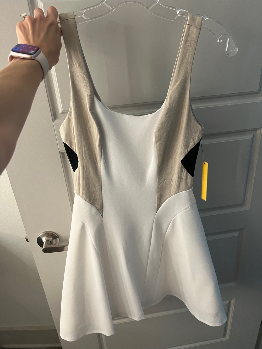 Women’s White Fit-and-Flare Dress with Taupe Panels